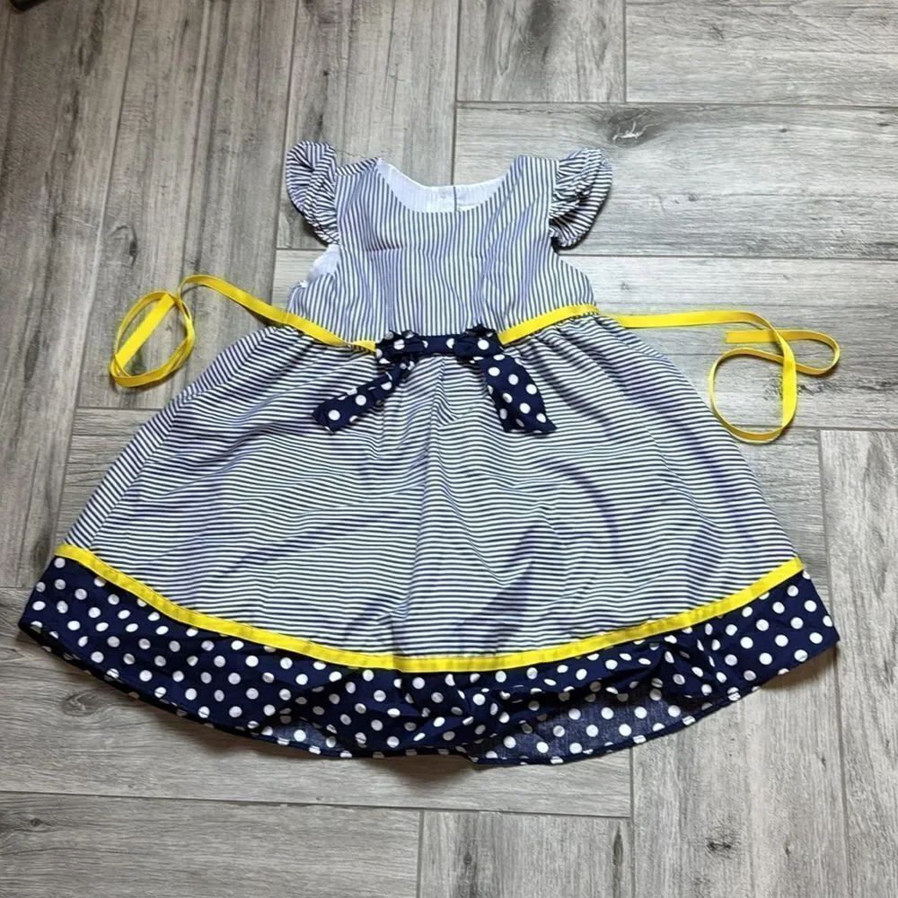 Rare Editions Girls Blue White Short Sleeve Striped Dot Dress Size 24M